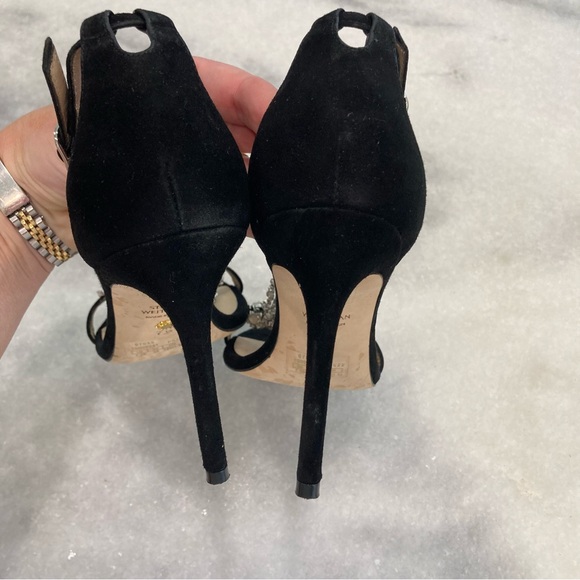 STUART WEITZMAN Stardust Black Suede Rhinestone Crystal Chain Heels Sandals - Picture 10 of 14